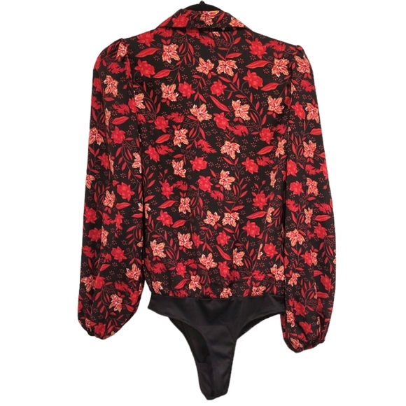 Walter Baker Darla Floral Notch Lapel Bodysuit Red Long Sleeve Top Blouse s - Picture 4 of 11